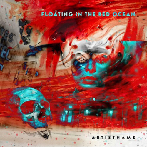 Floating In The Red Ocean premade rock album cover art design - for Alternative Rock, Indie Rock Music - style Collage, Surrealist - in Red, Blue Color