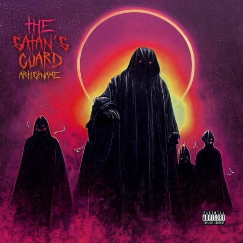Satan's guard Death metal cover art - for Black Metal, Death Metal Music - style Dark Fantasy, Illustrated - in Red, Purple Color