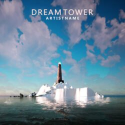 Dream Tower premade pop album cover art design - for Ambient, Chillout Music - style Photographic, Cinematic Style - in Blue, White Color