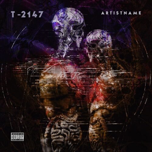 T-2147 premade Technical Death Metal album cover art design - for Industrial, Dark Electro Music - style Cyberpunk, Glitch Art - in Red, Purple Color