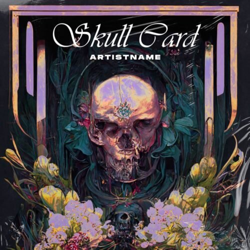Skull music cover art - for Dark Ambient, Dark Pop Music - style Art Deco, Dark Fantasy - in Purple, Yellow Color