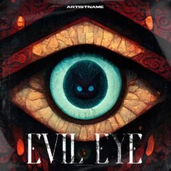 evil eye album cover - for Alternative Metal, Dark Ambient Music - style Dark Fantasy, Illustrated - in Red, Yellow Color