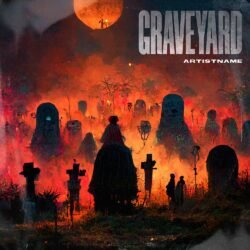 graveyard album cover art - for Doom Metal, Gothic Metal Music - style Dark Fantasy, Gothic Art - in Red, Orange Color