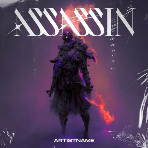 assassin cover art - for Phonk, Trap Music - style Dark Fantasy, Cyberpunk - in Purple, Red Color