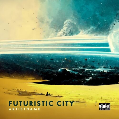 Futuristic city album cover art - for Electronic, Ambient Music - style Futuristic Style, Sci-Fi Style - in Blue, Yellow Color