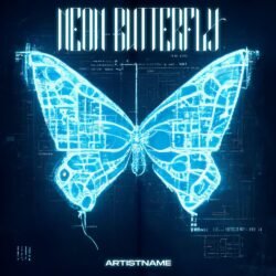 neon butterfly album cover art - for Ambient, Dark Synth Music - style Blueprint, Cyberpunk - in Blue, Black Color