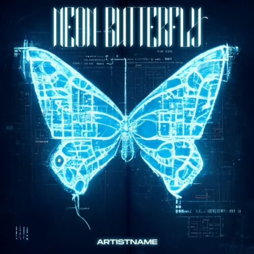 neon butterfly album cover art - for Ambient, Dark Synth Music - style Blueprint, Cyberpunk - in Blue, Black Color