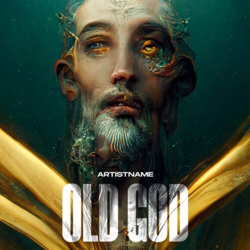 Old god album cover art - for Dark Ambient, Ambient Music - style Surrealist, Cinematic Style - in Green, Blue Color