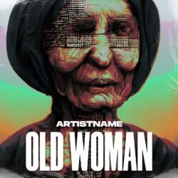 Old woman album cover art - for Electronic, Ambient Music - style Glitch Art, Surrealist - in Green, Blue Color
