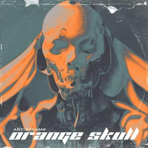 Skull Album Cover Art - for Alternative Metal, Dark Electro Music - style Acid Graphics, Conceptual Art - in Orange, Grey Color