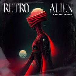 Retro Alien Album Cover Art - for Dark Synth, Electronic Music - style Sci-Fi Style, Cinematic Style - in Red, Black Color