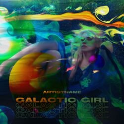 Galactic Girl Album Cover Art - for Synth-Pop, Electronic Music - style Collage, Double Exposure - in Blue, Green Color