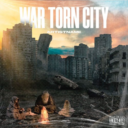 War Torn City Album Cover Art - for Hip-Hop, Alternative Rock Music - style Photographic, Cinematic Style - in Grey, Orange Color