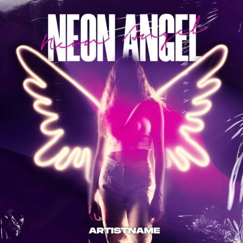 Neon Angel Album Cover Art - for Dance-Pop, Dark Pop Music - style Cinematic Style, Cyberpunk - in Pink, Purple Color