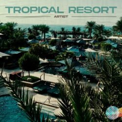 Tropical resort album cover art - for Chillout, Deep House Music - style Photographic, Vintage Style - in Green, Blue Color