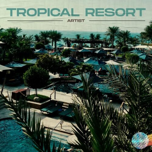 Tropical resort album cover art - for Chillout, Deep House Music - style Photographic, Vintage Style - in Green, Blue Color