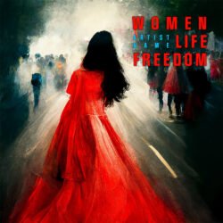 Women Life Freedom Album Cover Art - for Alternative Rock, Indie Rock Music - style Conceptual Art, Expressionism - in Red, Black Color