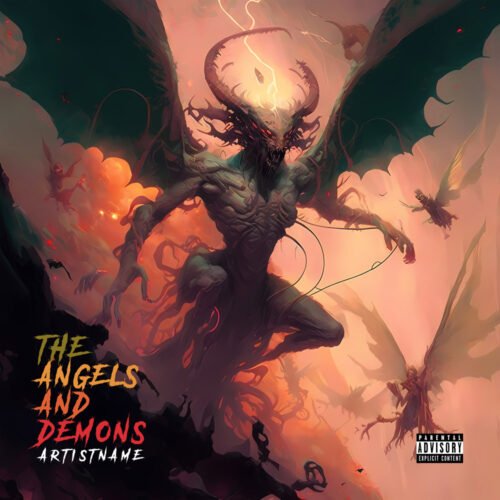 Angels and Demons premade album cover art - for Heavy Metal, Death Metal Music - style Dark Fantasy, Dark Surrealism - in Red, Orange Color
