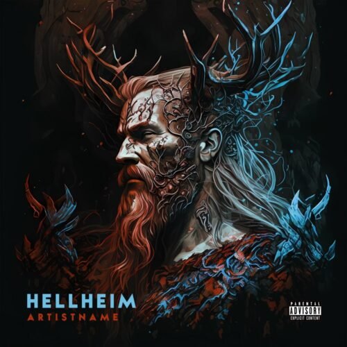 Helheim premade album cover art - for Black Metal, Death Metal Music - style Dark Fantasy, Illustrated - in Blue, Orange Color