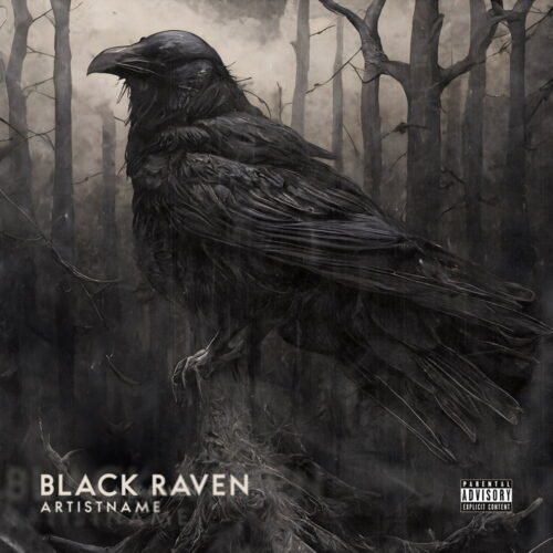 Black Raven premade album cover art - for Black Metal, Dark Ambient Music - style Dark Fantasy, Dark Surrealism - in Black, Grey Color