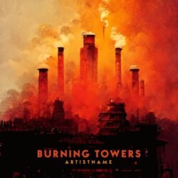 Burning Towers premade album cover art - for Alternative Metal, Dark Ambient Music - style Cinematic Style, Expressionism - in Red, Orange Color