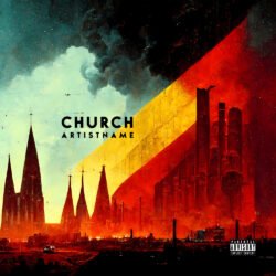 Church premade album cover art - for Alternative Rock, Gothic Rock Music - style Oil Painting, Expressionism - in Red, Yellow Color