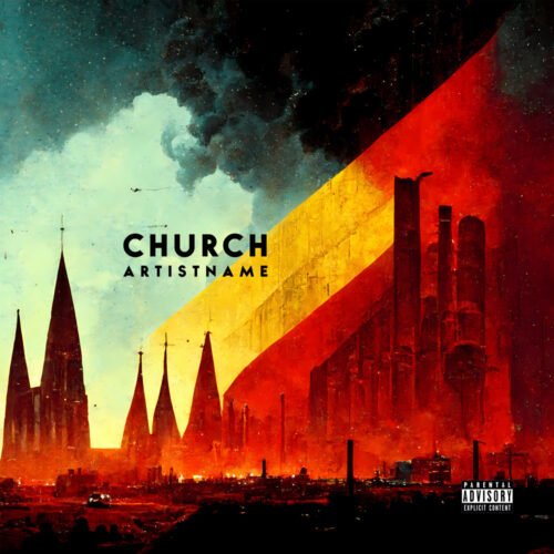 Church premade album cover art - for Alternative Rock, Gothic Rock Music - style Oil Painting, Expressionism - in Red, Yellow Color