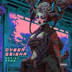 Cyber Geisha premade album cover art - for Dark Synth, Electro Music - style Cyberpunk, Anime - in Pink, Purple Color