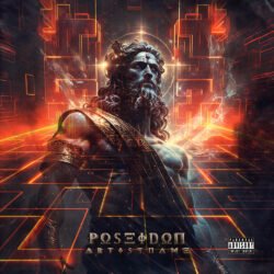 Poseidon premade album cover art - for Alternative Metal, Dark Synth Music - style Cinematic Style, Dark Fantasy - in Red, Orange Color