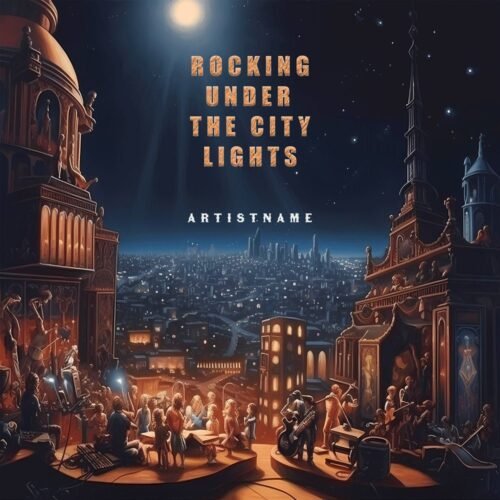 vibrant premade album cover art - for Rock, Indie Rock Music - style Cinematic Style, Illustrated - in Blue, Yellow Color