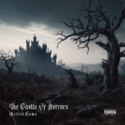 The Castle of Horrors premade album cover art - for Black Metal, Dark Ambient Music - style Cinematic Style, Dark Fantasy - in Black, Grey Color