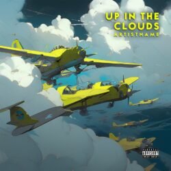 airplane premade album cover art - for Alternative Rock, Indie Rock Music - style Illustrated, Cinematic Style - in Yellow, Blue Color