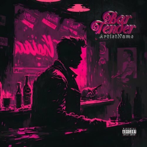 Bartender premade album cover art - for Darkwave, R&B Music - style Neo-Noir, Cinematic Style - in Pink, Purple Color
