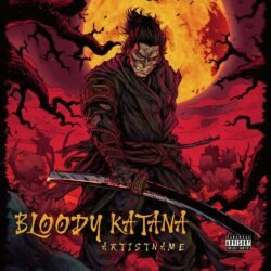 Bloody Katana premade album cover art - for Phonk, Trap Metal Music - style Anime, Manga - in Red, Orange Color