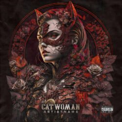 Cat Woman premade album cover art - for Alternative Metal, Dark Synth Music - style Cinematic Style, Dark Fantasy - in Red, Black Color
