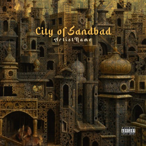 City of Sandbad premade album cover art - for Ambient, Dark Ambient Music - style Conceptual Art, Dark Fantasy - in Yellow, Brown Color