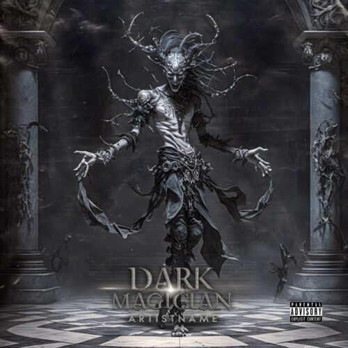 Dark Magician premade album cover art - for Black Metal, Dark Ambient Music - style Dark Fantasy, Dark Surrealism - in Black, Grey Color
