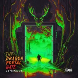 Dragon Portal Gate premade album cover art - for Heavy Metal, Dark Electro Music - style Dark Fantasy, Illustrated - in Green, Orange Color