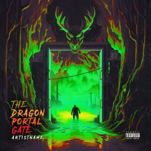 Dragon Portal Gate premade album cover art - for Heavy Metal, Dark Electro Music - style Dark Fantasy, Illustrated - in Green, Orange Color