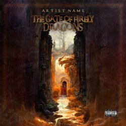 Gate of Firely Dragons premade album cover art - for Black Metal, Dark Ambient Music - style Cinematic Style, Dark Fantasy - in Orange, Brown Color