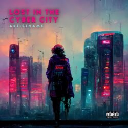 Lost in the Cyber City premade album cover art - for Synth-Pop, Electronic Music - style Cyberpunk, Sci-Fi Style - in Pink, Purple Color