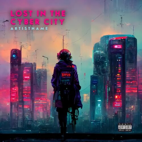 Lost in the Cyber City premade album cover art - for Synth-Pop, Electronic Music - style Cyberpunk, Sci-Fi Style - in Pink, Purple Color