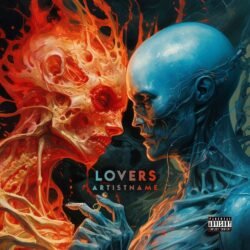 Lovers premade album cover art - for Alternative Rock, Dark Pop Music - style Surrealist, Cinematic Style - in Red, Orange Color