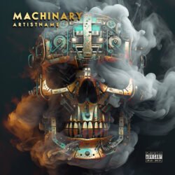Machinery premade album cover art - for Alternative Metal, Death Metal Music - style Biopunk, Cinematic Style - in Black, Grey Color