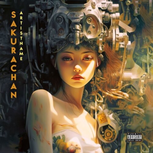 Sakurachan premade album cover art - for Electronic, Dark Electro Music - style Cyberpunk, Biopunk - in Yellow, Brown Color