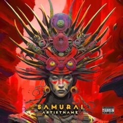 Samurai premade album cover art - for Hip-Hop, Trap Music - style Illustrated, Cyberpunk - in Red, Yellow Color