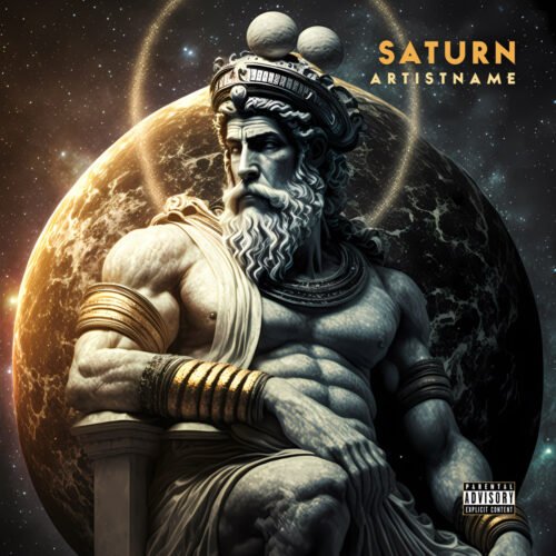Saturn premade album cover art - for Ambient, Classical Music - style Cinematic Style, Dark Fantasy - in Blue, Yellow Color