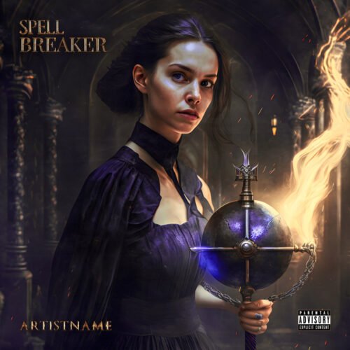 Spell Breaker premade album cover art - for Dark Ambient, Gothic Metal Music - style Dark Fantasy, Cinematic Style - in Purple, Yellow Color