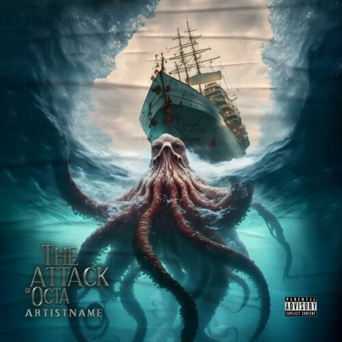 Octopus premade album cover art - for Alternative Metal, Dark Ambient Music - style Cinematic Style, Dark Fantasy - in Blue, Brown Color