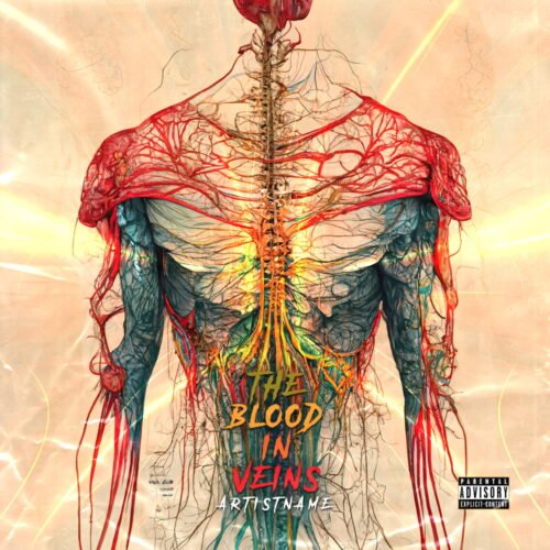 The Blood in Veins premade album cover art - for Alternative Metal, Dark Ambient Music - style Dark Fantasy, Conceptual Art - in Red, Yellow Color